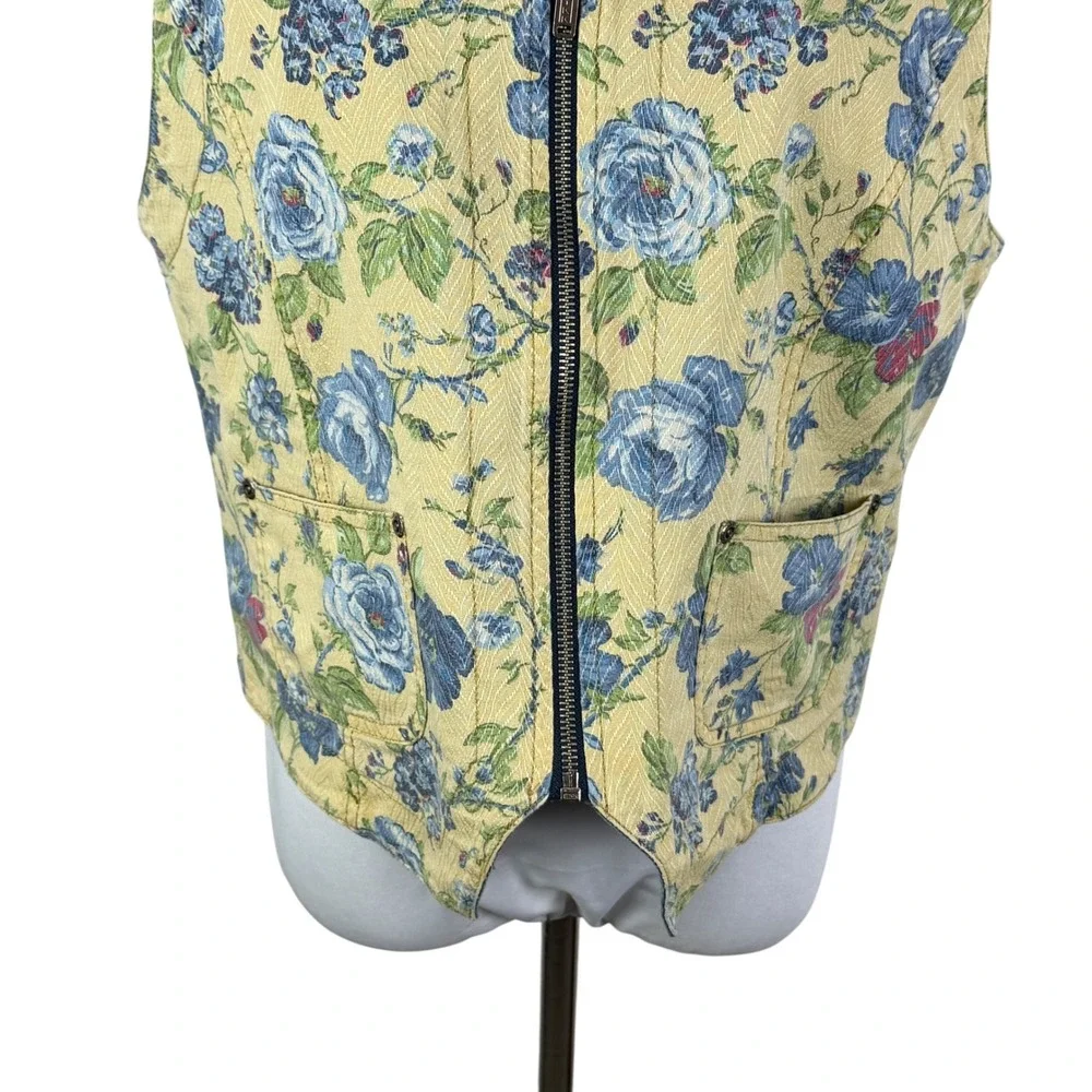 Lizwear Women's Large Reversible Denim Floral Vest Blue Yellow Zip Up Cotton - Picture 5 of 13